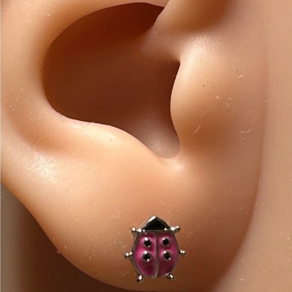 Ladies Pink Ladybug Stud Earrings - Silver Tone